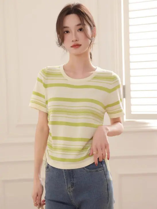 Women Striped V-neck Ice Silk T-shirt Black Cream Summer Retro Loose Fit