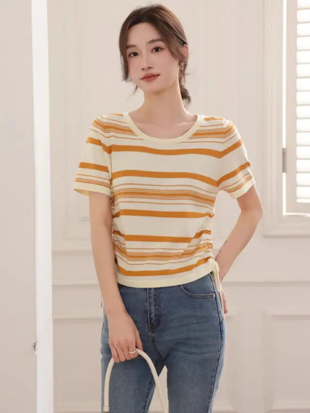Women Striped V-neck Ice Silk T-shirt Black Cream Summer Retro Loose Fit