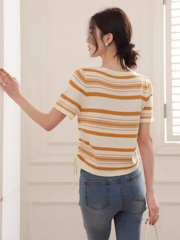 Women Striped V-neck Ice Silk T-shirt Black Cream Summer Retro Loose Fit