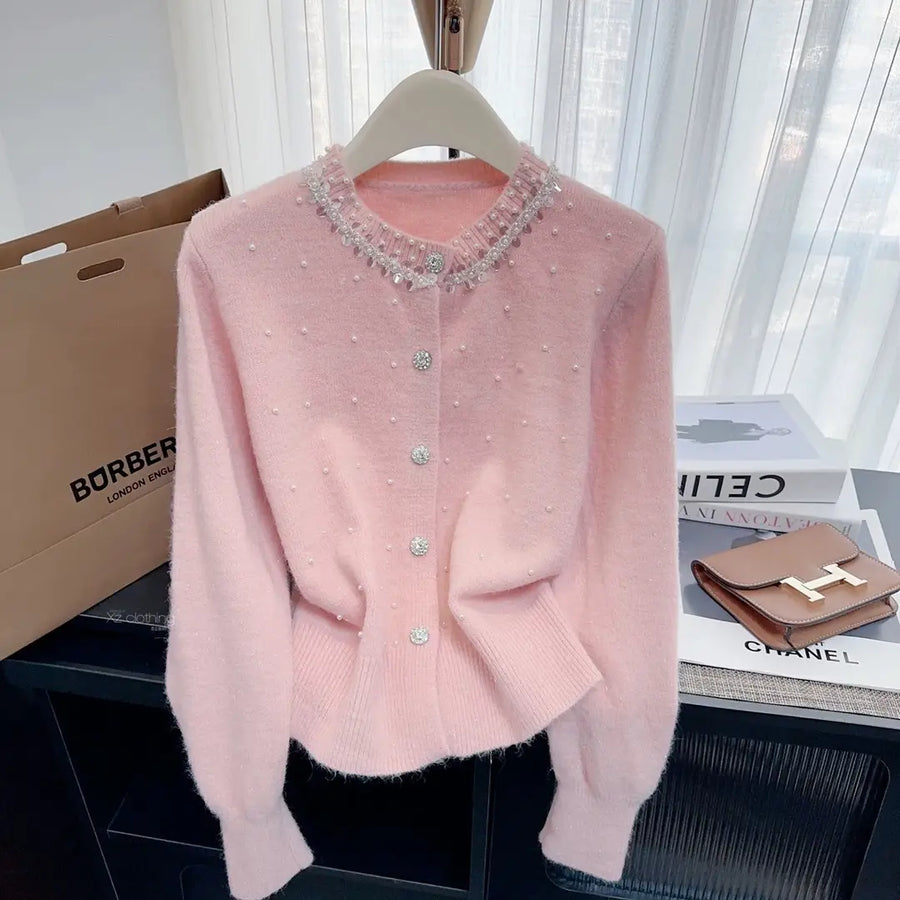 Women's Light Blue Pearl Embellished Cardigan