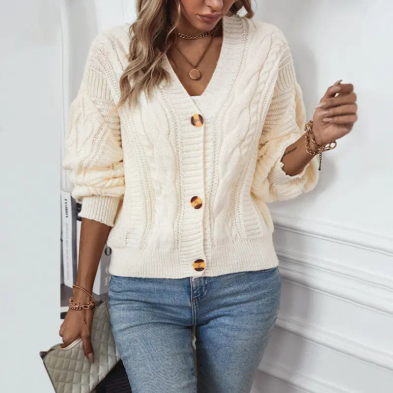 Women's V Neck Cable Knit Cardigan Cream Solid
