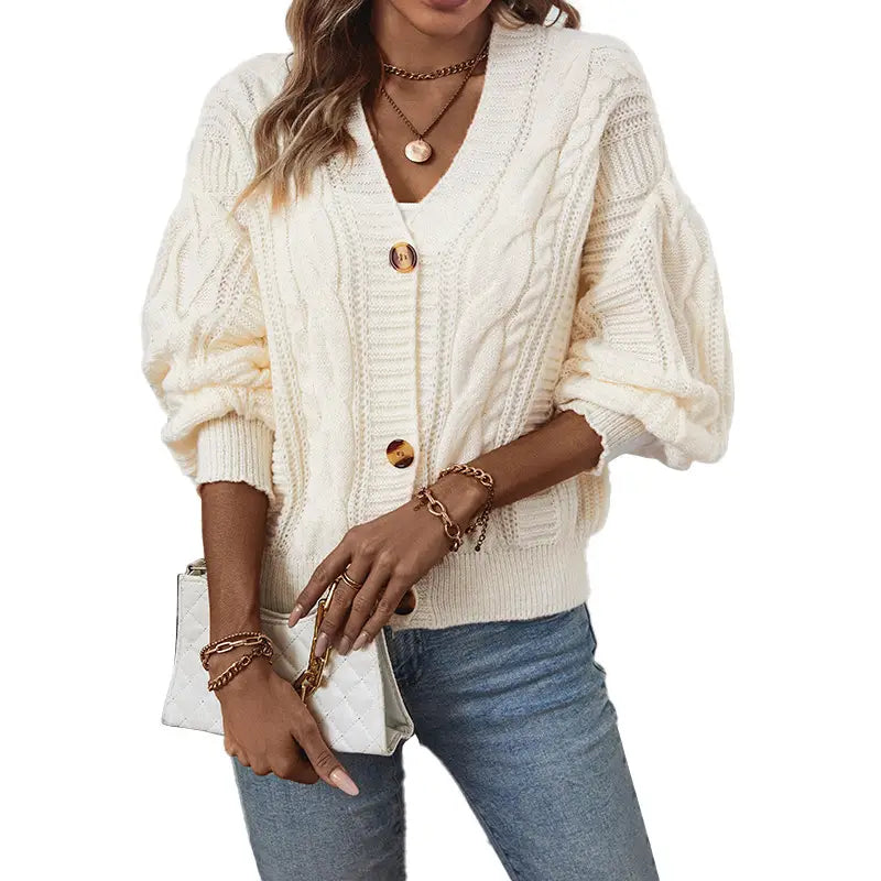 Women's V Neck Cable Knit Cardigan Cream Solid