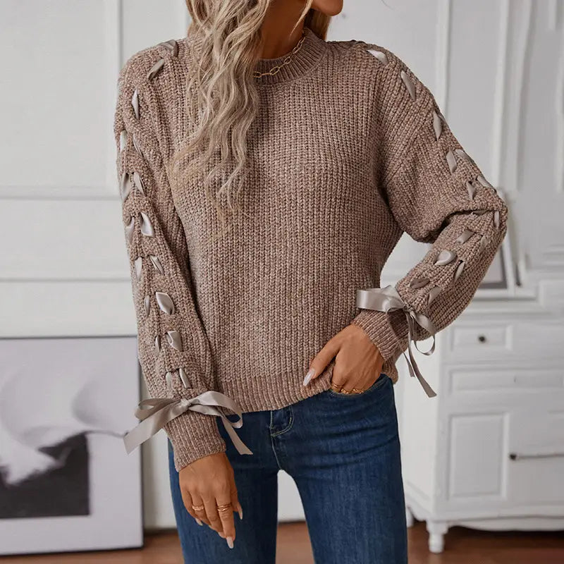 Women Lace-Up Sweater Autumn Winter Loose Bow