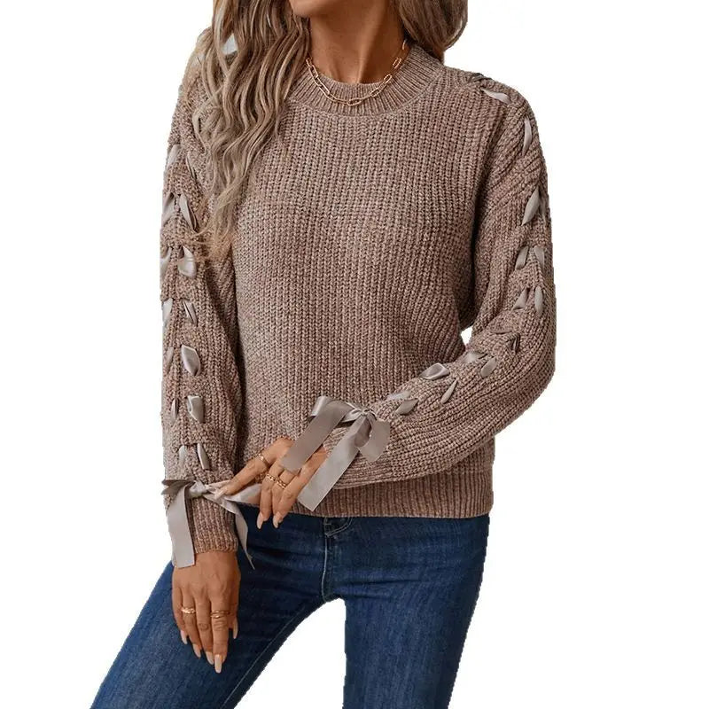 Women Lace-Up Sweater Autumn Winter Loose Bow