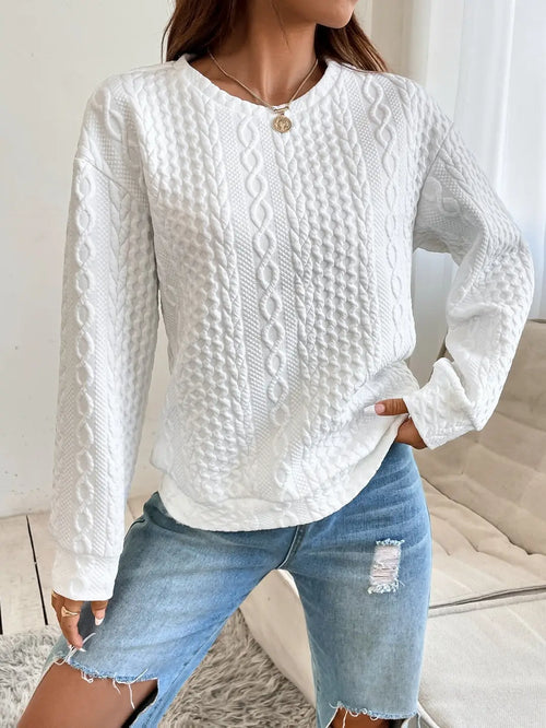 Women Cable Knit Sweatshirt White Loose Fit Autumn Spring