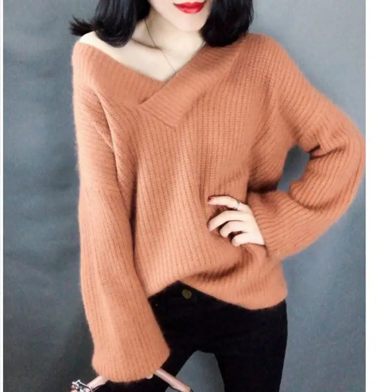 Women V-Neck Faux Alpaca Wool Sweater Loose Autumn Winter