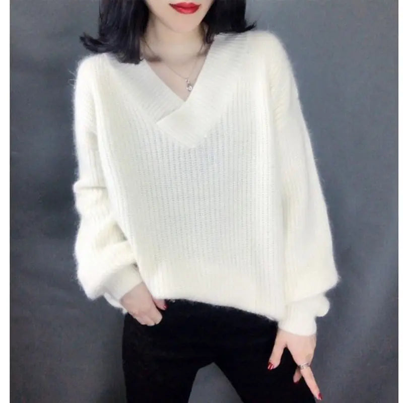 Women V-Neck Faux Alpaca Wool Sweater Loose Autumn Winter