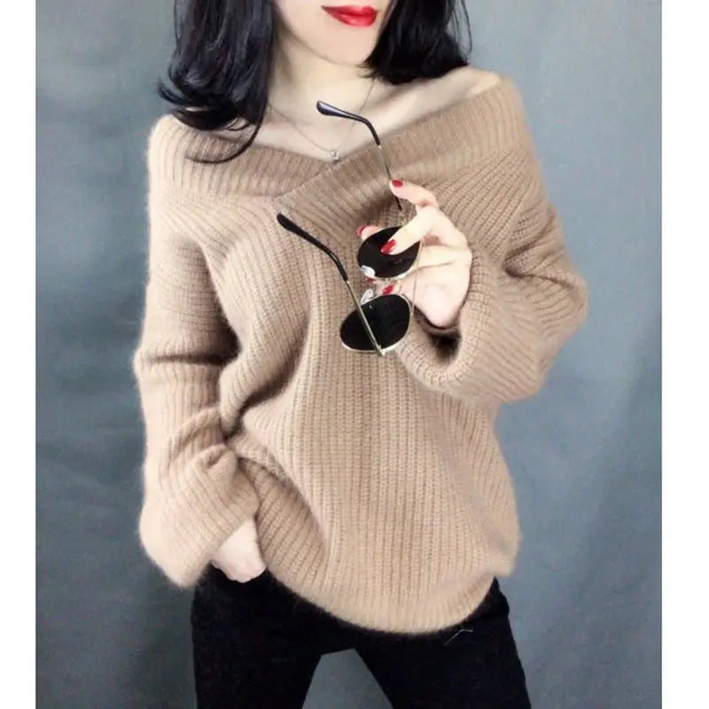 Women V-Neck Faux Alpaca Wool Sweater Loose Autumn Winter
