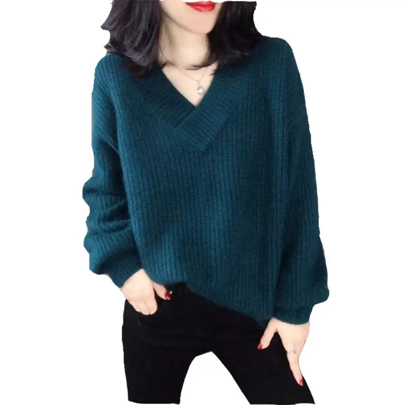 Women V-Neck Faux Alpaca Wool Sweater Loose Autumn Winter