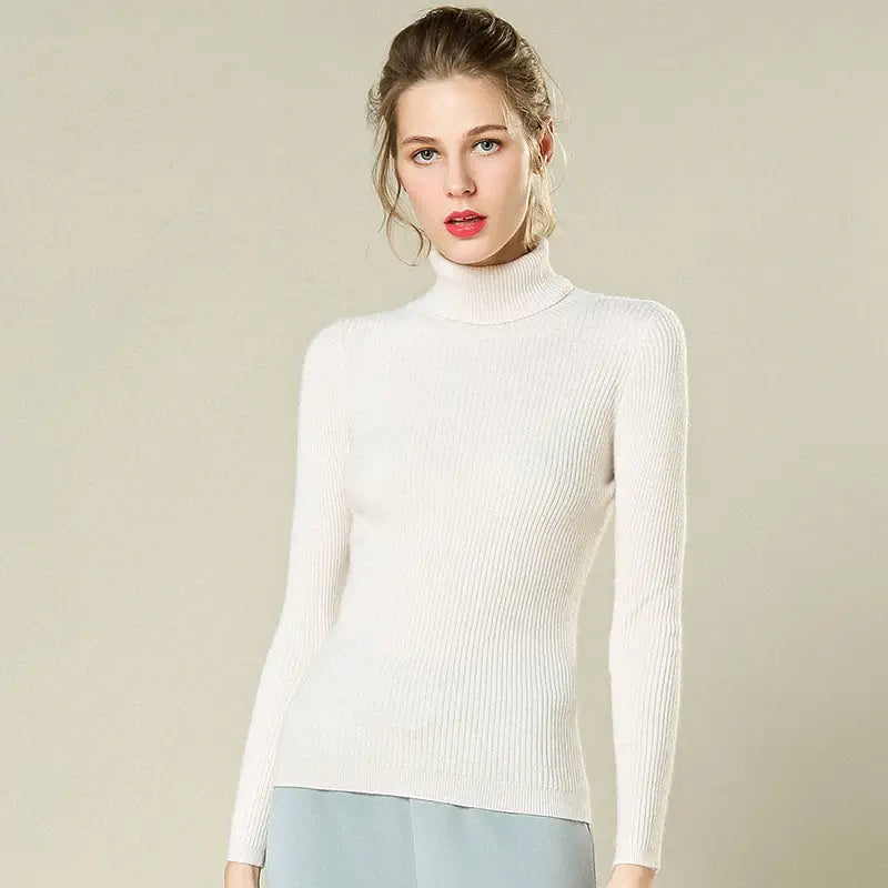 Women High Neck Ribbed Sweater White Slim Fit Spring