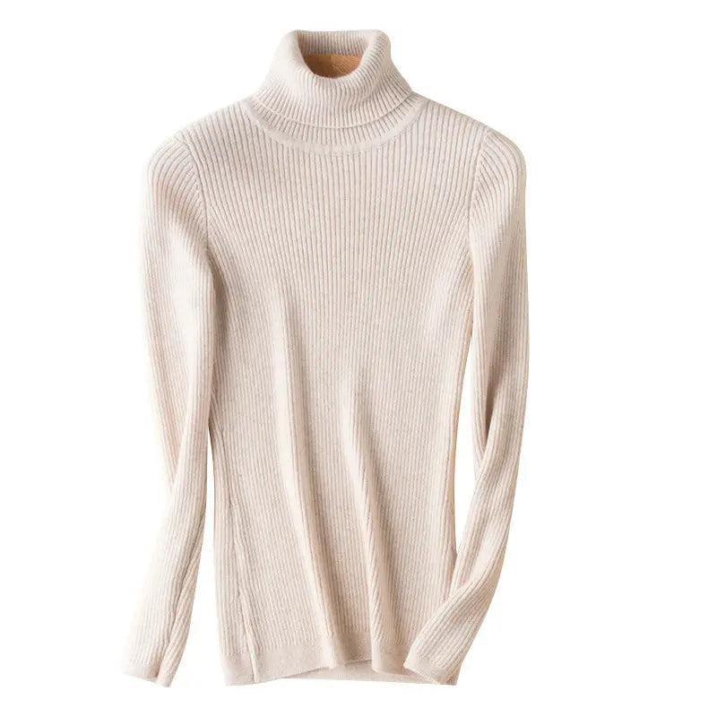 Women High Neck Ribbed Sweater White Slim Fit Spring