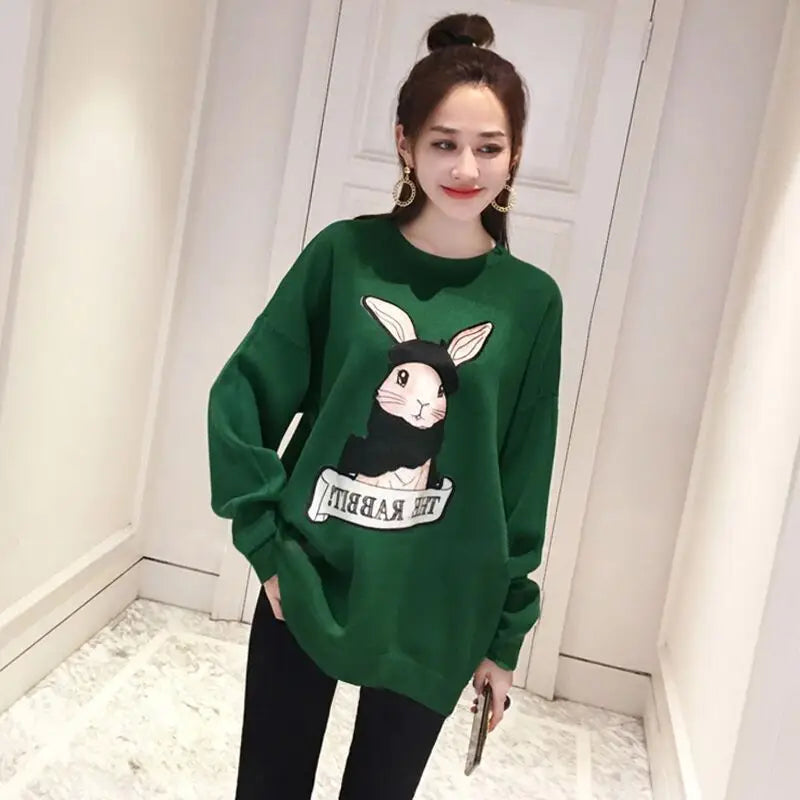 Green Rabbit Print Loose Sweatshirt Women Autumn Winter