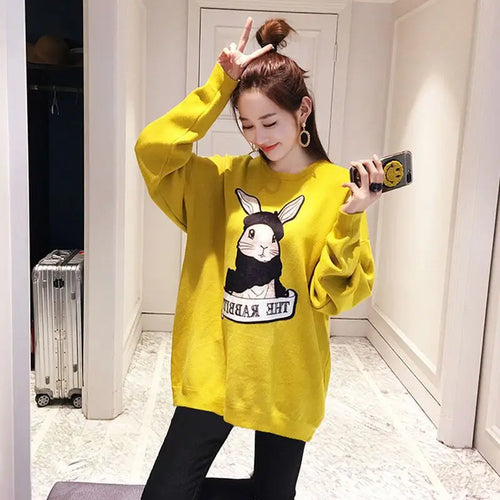 Green Rabbit Print Loose Sweatshirt Women Autumn Winter