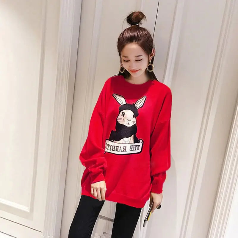 Green Rabbit Print Loose Sweatshirt Women Autumn Winter