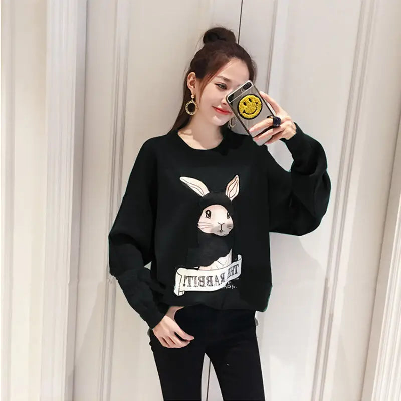 Green Rabbit Print Loose Sweatshirt Women Autumn Winter