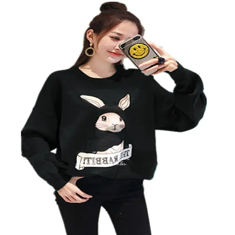 Green Rabbit Print Loose Sweatshirt Women Autumn Winter