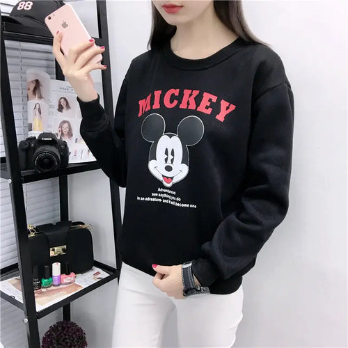 Women Cartoon Sweatshirt Loose Plus Size Black Fleece Lined