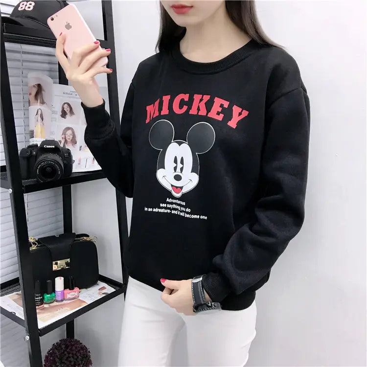 Women Cartoon Sweatshirt Loose Plus Size Black Fleece Lined