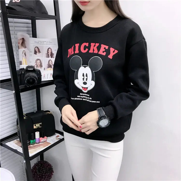 Women Cartoon Sweatshirt Loose Plus Size Black Fleece Lined