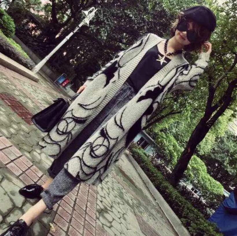 Women Flocking V-Neck Long Sweater Autumn Loose Plus Size