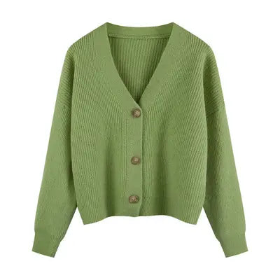 Women Green Waxy Knit Cardigan Jacket Winter New Style