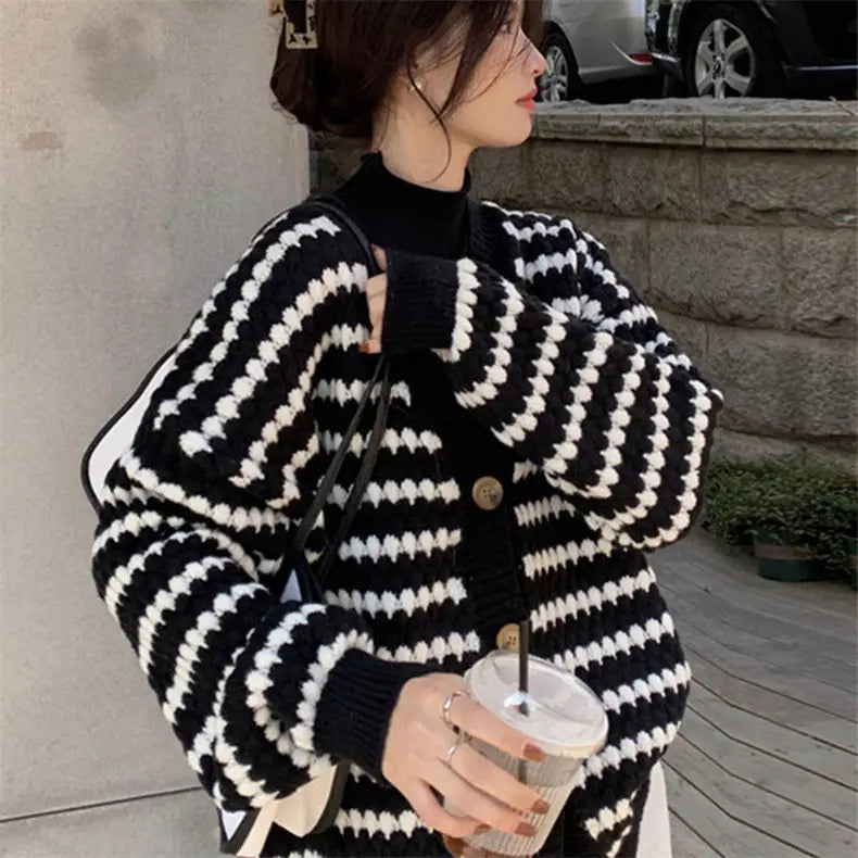 Striped Knit Cardigan Women Autumn
