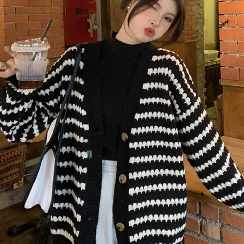 Striped Knit Cardigan Women Autumn