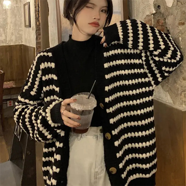 Striped Knit Cardigan Women Autumn