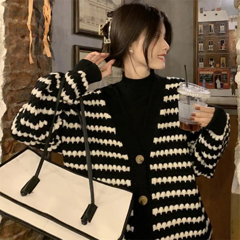 Striped Knit Cardigan Women Autumn