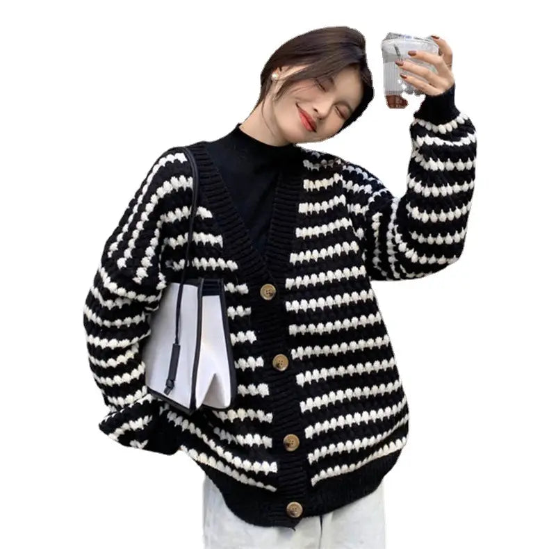 Striped Knit Cardigan Women Autumn