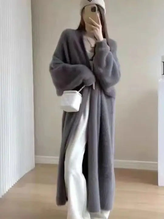 Women Faux Mink Velvet Long Cardigan Winter Loose Knit