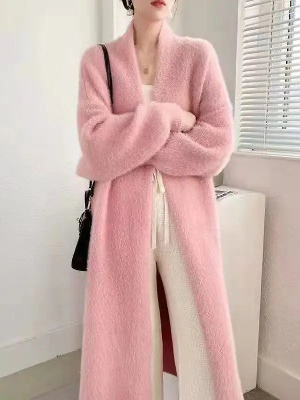 Women Faux Mink Velvet Long Cardigan Winter Loose Knit