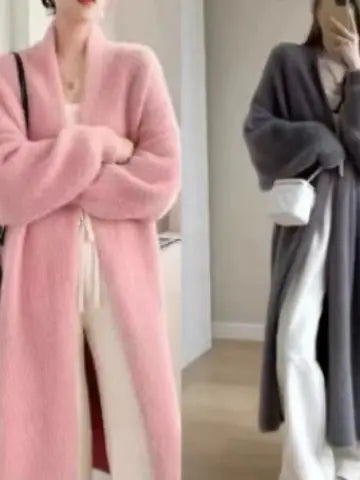 Women Faux Mink Velvet Long Cardigan Winter Loose Knit