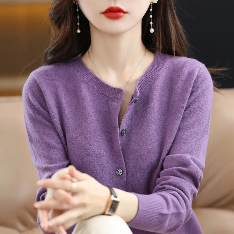 Women Purple Knitted Cardigan Spring Long Sleeve