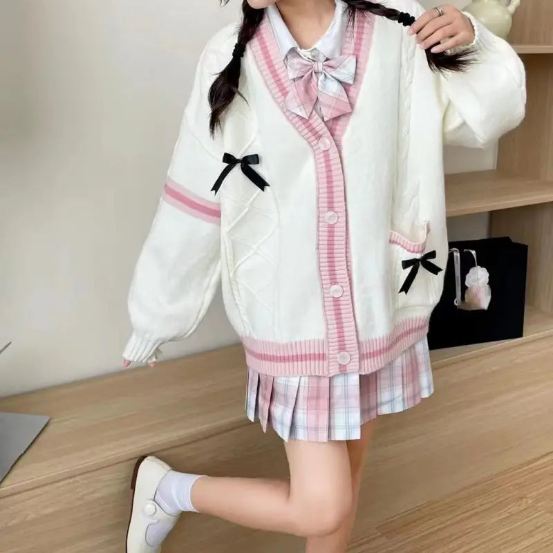 Pink Bow Knitted Cardigan Women Winter Loose Fit