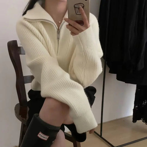 Women Half-Zip Turtleneck Sweater Slim Fit Winter
