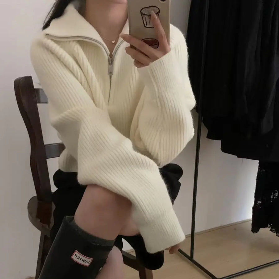 Women Half-Zip Turtleneck Sweater Slim Fit Winter