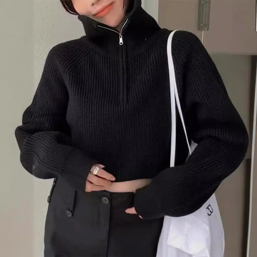 Women Half-Zip Turtleneck Sweater Slim Fit Winter