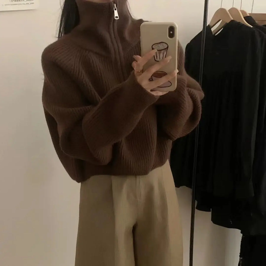 Women Half-Zip Turtleneck Sweater Slim Fit Winter