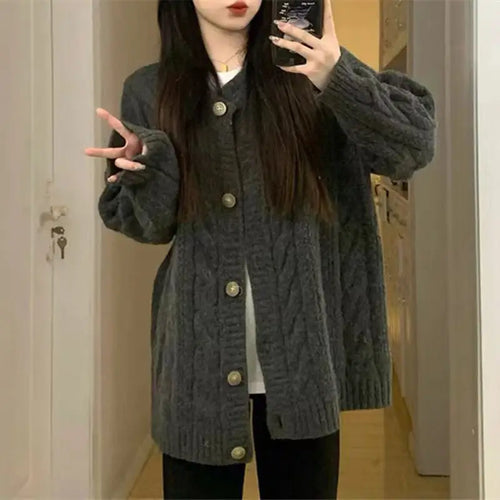 Women Vintage Cable Knit Sweater Loose Long Sleeve Winter Gray