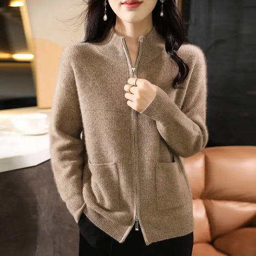 Women Half Turtleneck Zip Cardigan Winter Knit Loose Fit