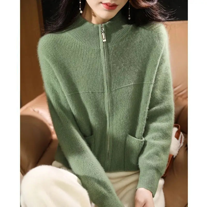 Women Half Turtleneck Zip Cardigan Winter Knit Loose Fit