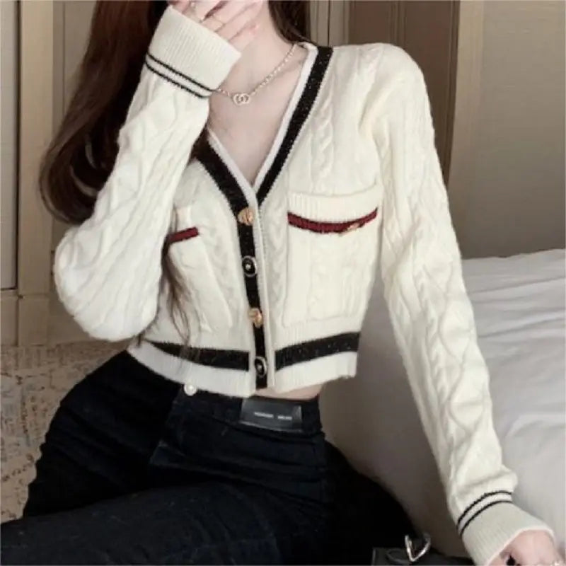 White V-Neck Twist Knit Cardigan Women Winter
