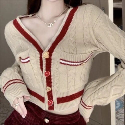 White V-Neck Twist Knit Cardigan Women Winter