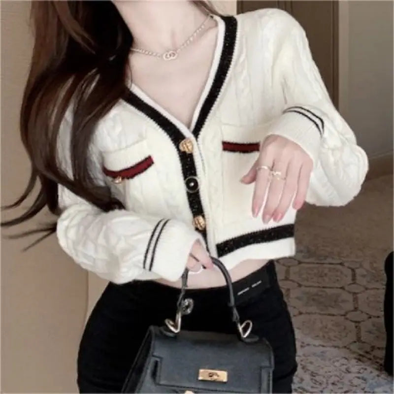 White V-Neck Twist Knit Cardigan Women Winter