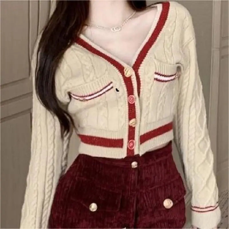 White V-Neck Twist Knit Cardigan Women Winter