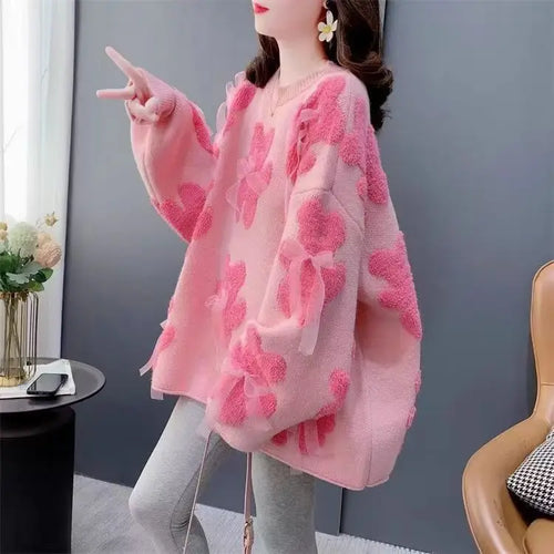 Winter Korean Style Floral Knit Pullover for Women