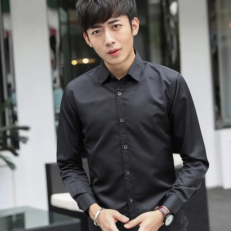 Men Slim Fit Black Long Sleeve Shirt New