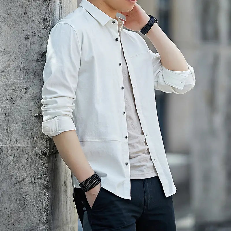 Men Slim Fit Long Sleeve Shirt White Office Work