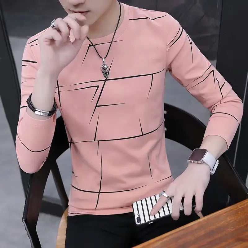 Men Long Sleeve Graphic T-Shirt Pink Korean Style New